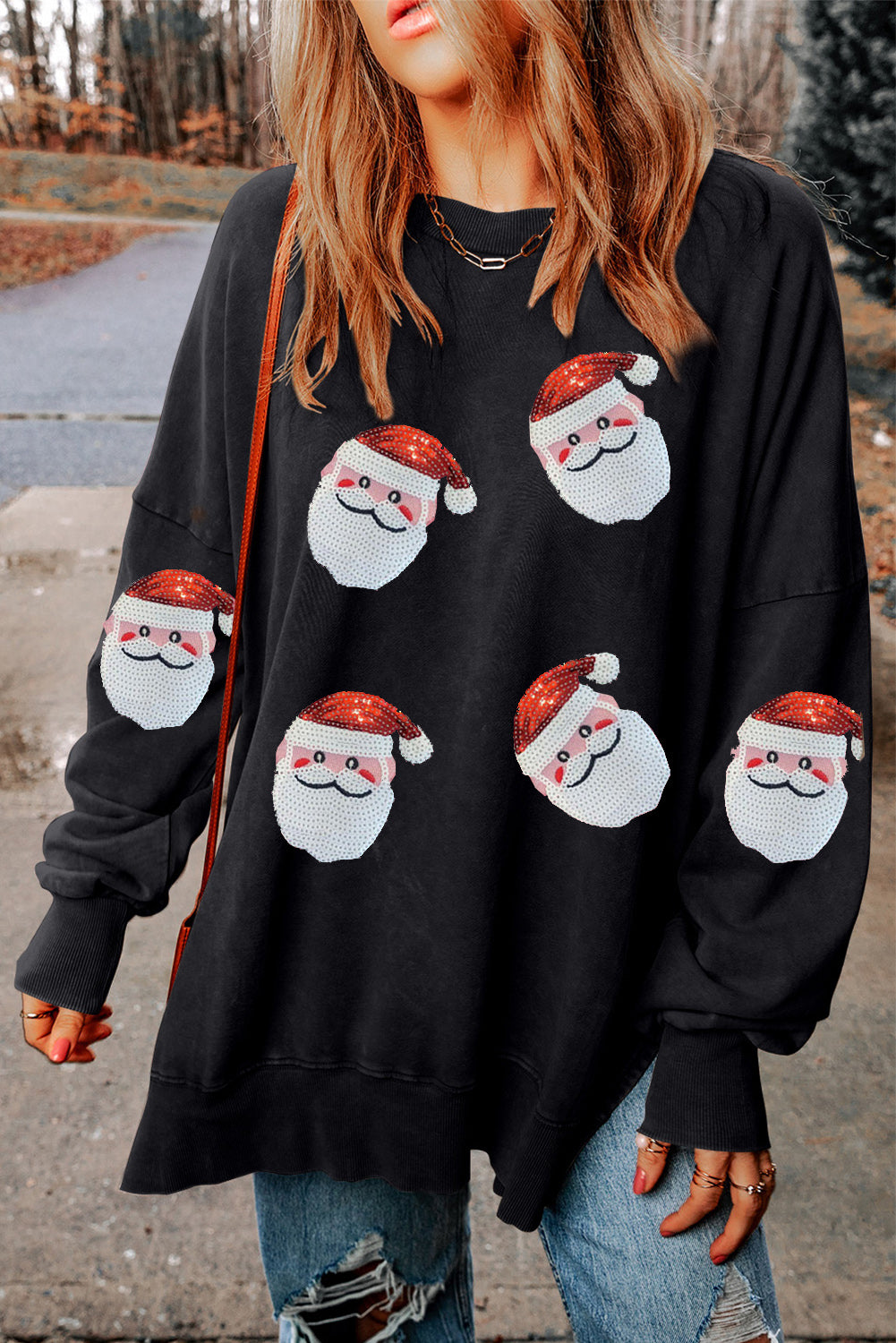 Sequin Santa Round Neck Slit Sweatshirt