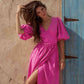 Surplice Balloon Sleeves Tied Dress