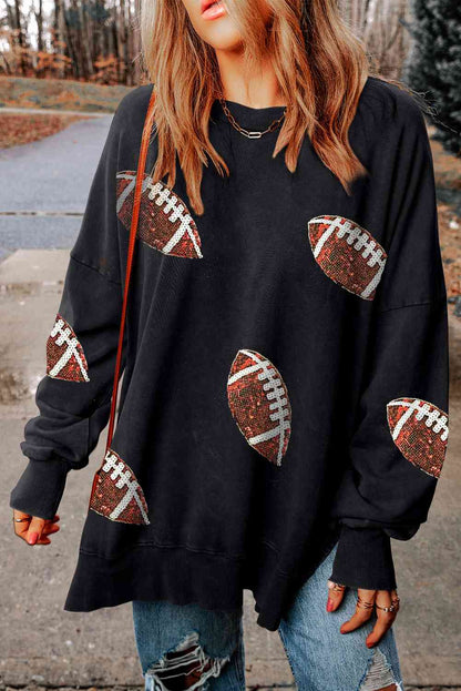 Oversized Sequin Football Patch Slit Sweatshirt