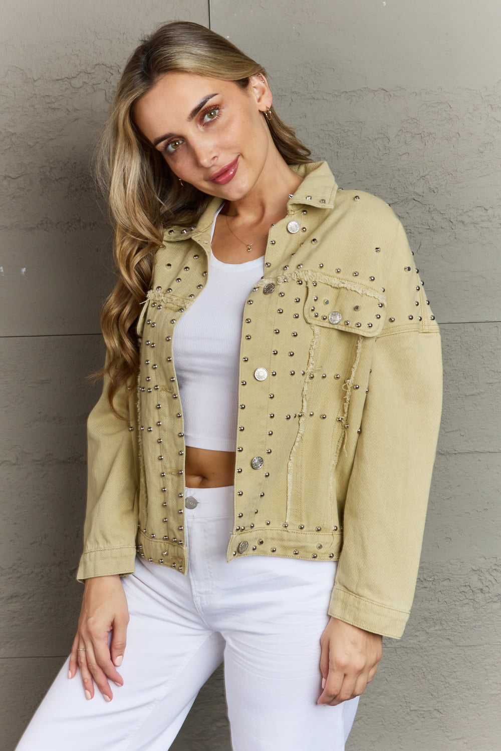 Frayed Trim Rivet Denim Jacket