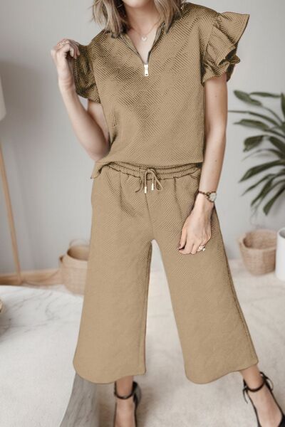 Ruffled Quarter Zip Top and Drawstring Pants Set