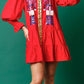 Full Size Nutcracker Sequin Lantern Sleeve Tiered Dress