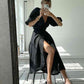Surplice Balloon Sleeves Tied Dress