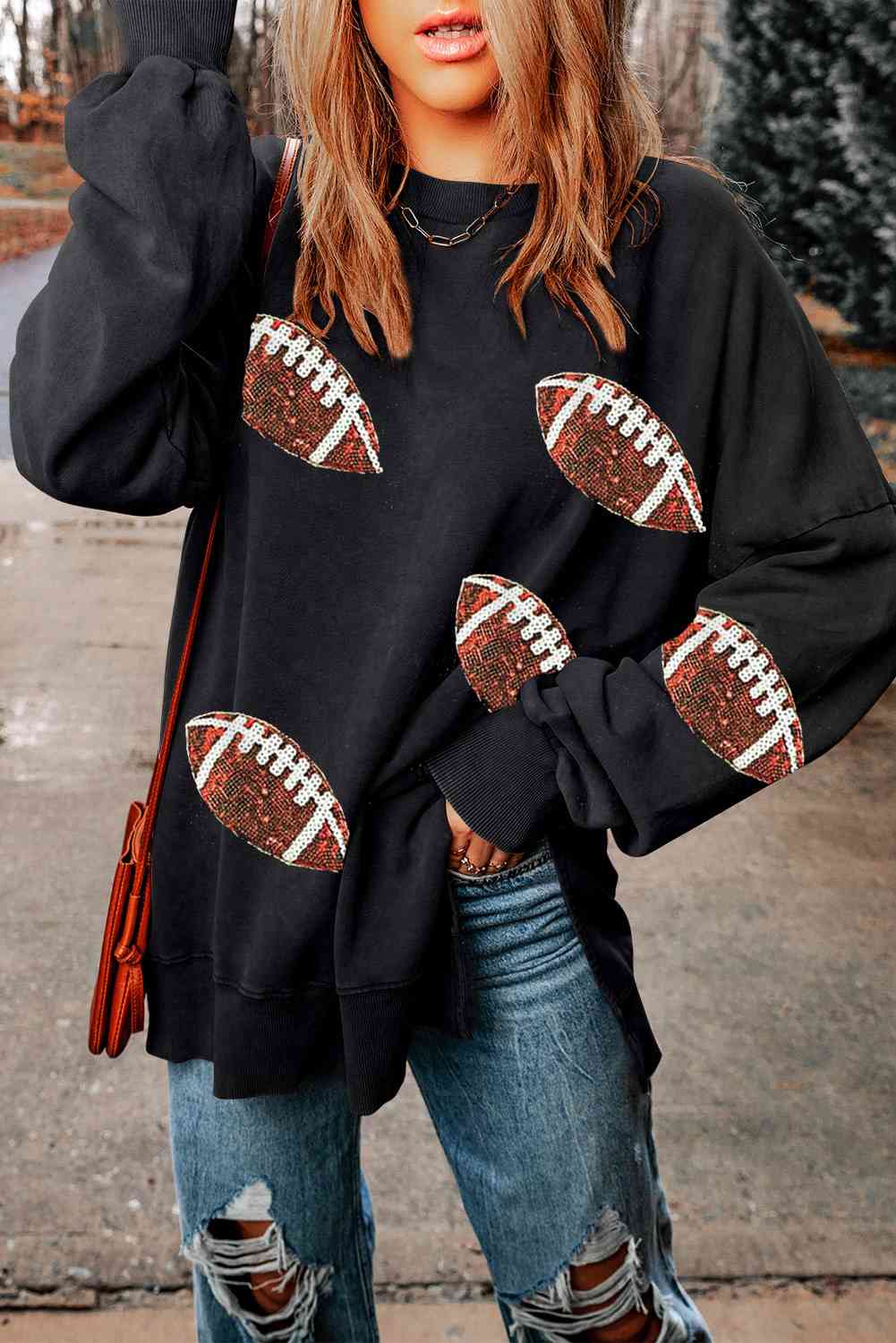 Oversized Sequin Football Patch Slit Sweatshirt